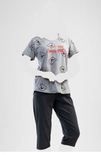 Kısa Kol Kaprili Pijama Takım Gri Melanj