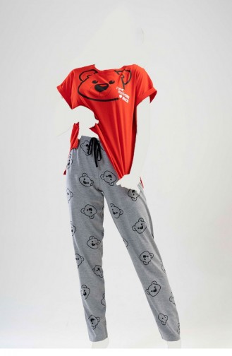 Düşük Omuzlu Double Kısa Kol Yırtmaclı Pijama Takım Kırmızı