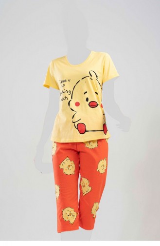Pamuklu Kısa Kol Kaprili Pijama Takım Sarı