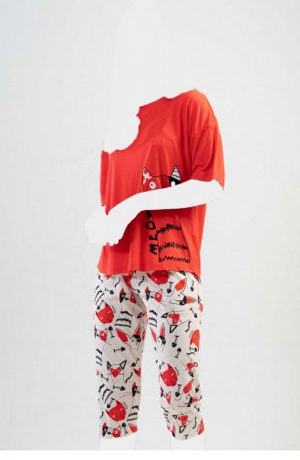 Vıscon Düşük Omuzlu Kısa Kol Kaprili Pijama Takım Kırmızı