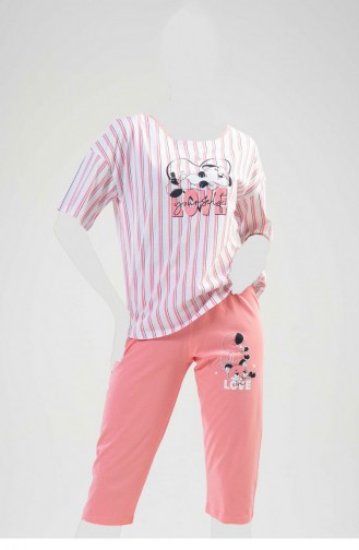 Pamuklu Düşük Omuzlu Kısa Kol Kaprili Pijama Takım Pembe