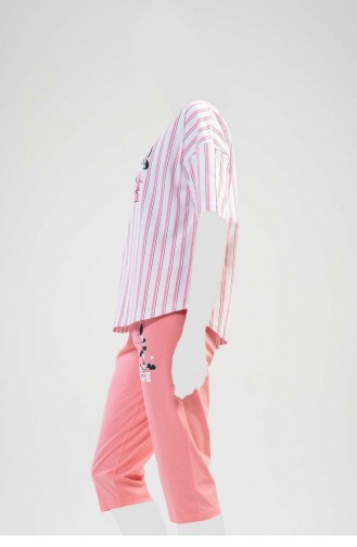 Pamuklu Düşük Omuzlu Kısa Kol Kaprili Pijama Takım Pembe