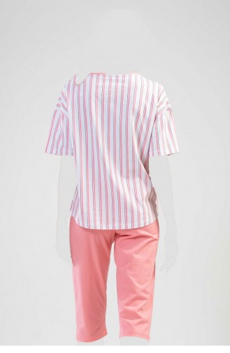Pamuklu Düşük Omuzlu Kısa Kol Kaprili Pijama Takım Pembe
