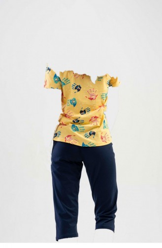 Pamuklu Kısa Kol Kaprili Pijama Takım Sarı