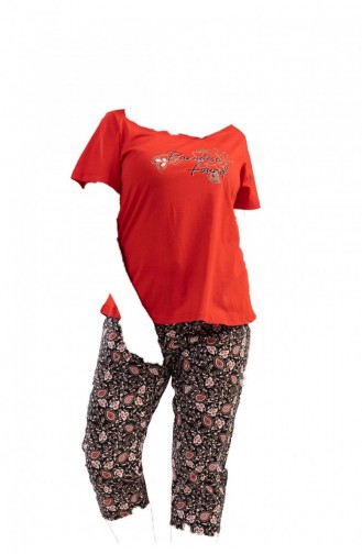 Pamuklu Büyük Beden Kısa Kol Kaprili Pijama Takım Kırmızı