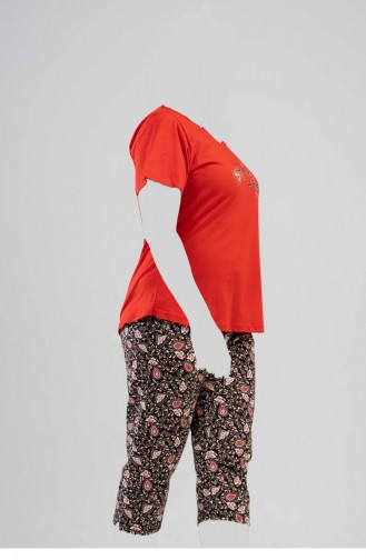Pamuklu Büyük Beden Kısa Kol Kaprili Pijama Takım Kırmızı