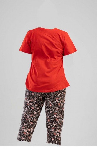 Pamuklu Büyük Beden Kısa Kol Kaprili Pijama Takım Kırmızı
