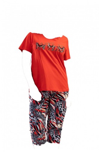 Pamuklu Büyük Beden Kısa Kol Kaprili Pijama Takım Kırmızı