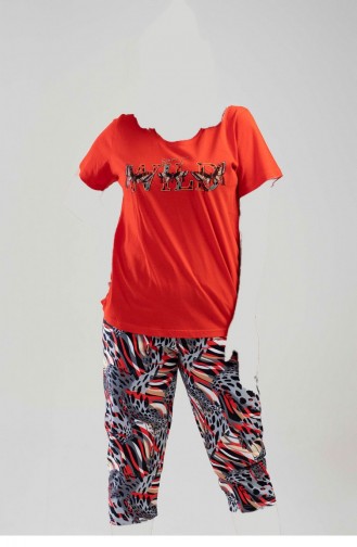 Pamuklu Büyük Beden Kısa Kol Kaprili Pijama Takım Kırmızı