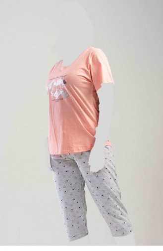 Büyük Beden Kısa Kol Kaprili Pijama Takım Pembe