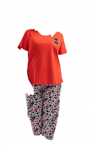 Pamuklu Büyük Beden Kısa Kol Kaprili Pijama Takım Kırmızı
