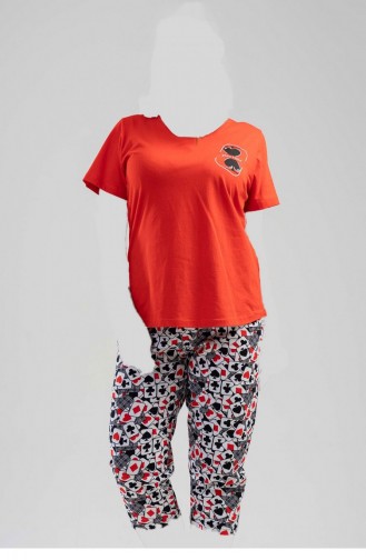 Pamuklu Büyük Beden Kısa Kol Kaprili Pijama Takım Kırmızı