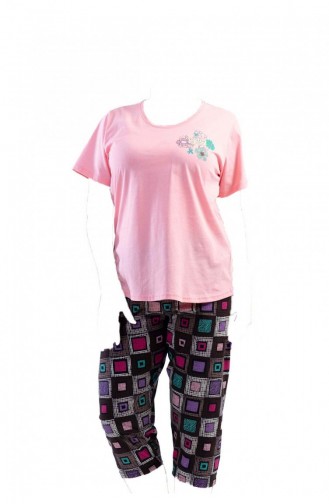 Pamuklu Büyük Beden Kısa Kol Kaprili Pijama Takım Pembe