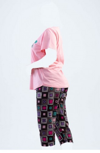 Pamuklu Büyük Beden Kısa Kol Kaprili Pijama Takım Pembe
