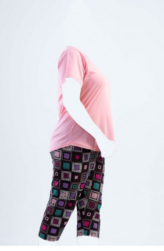 Pamuklu Büyük Beden Kısa Kol Kaprili Pijama Takım Pembe