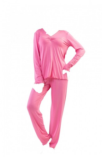 V Yakası Büzgülüuzun Kol Pijama Takım Pembe