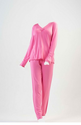V Yakası Büzgülüuzun Kol Pijama Takım Pembe