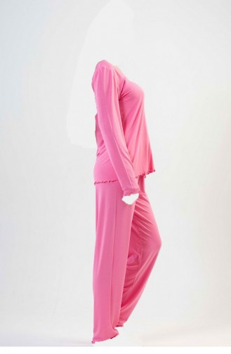V Yakası Büzgülüuzun Kol Pijama Takım Pembe