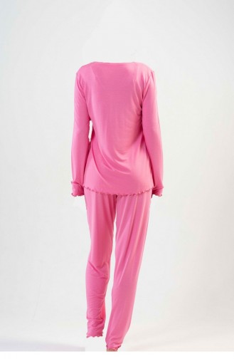 V Yakası Büzgülüuzun Kol Pijama Takım Pembe