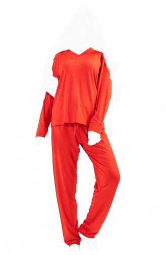 V Yaka Uzun Kol Pijama Takım Kırmızı