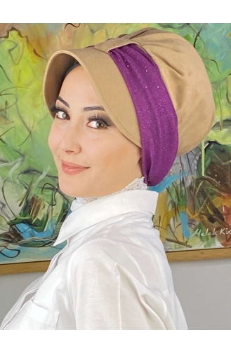 Cırtcırtlı Açık Lila Simli Şifon Fularlı Şapka SBT19FSPK45-07 Açık Camel Fuşya