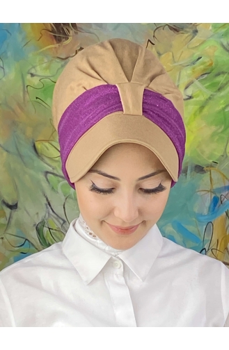 Cırtcırtlı Açık Lila Simli Şifon Fularlı Şapka SBT19FSPK45-07 Açık Camel Fuşya
