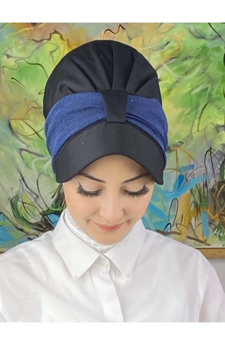 Cırtcırtlı Açık Mavi Simli Şifon Fularlı Şapka SBT19FSPK30-14 Siyah Lacivert