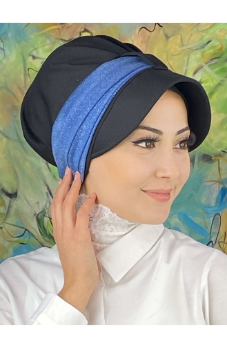 Cırtcırtlı Açık Mavi Simli Şifon Fularlı Şapka SBT19FSPK30-01 Siyah Açık Mavi