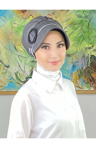 Nazlı Model Buckle Gray Thin Striped Hijab Hat SBT26SPK12-01 Light Gray Gray 26SPK12-01