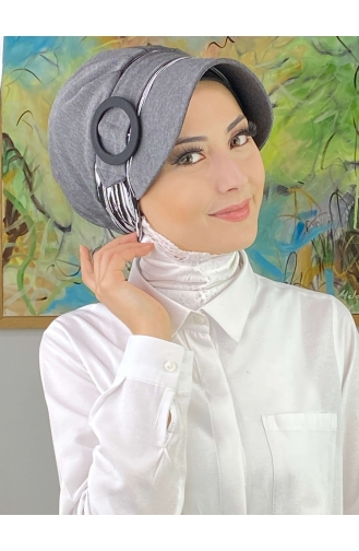 Nazlı Model Buckle Gray Thin Striped Hijab Hat SBT26SPK12-01 Light Gray Gray 26SPK12-01