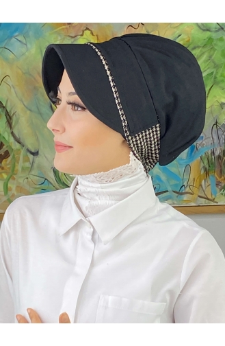 Nazlı Model قبعة حجاب مخططة رفيعة بإبزيم رمادي SBT26SPK12-02 باللون الأسود 26SPK12-02