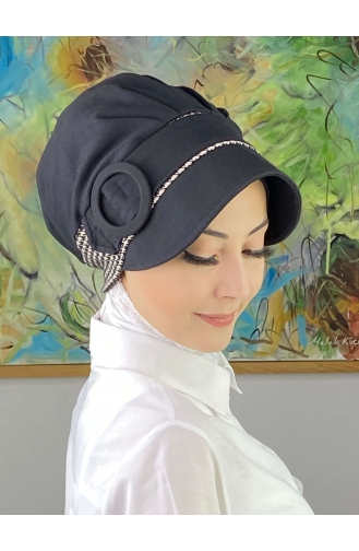 Nazlı Model Gesp Grijs Dun Gestreepte Hijab Hoed SBT26SPK12-02 Zwart 26SPK12-02