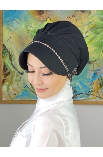 Nazlı Model Buckle Gray Thin Striped Hijab Hat SBT26SPK12-02 Black 26SPK12-02