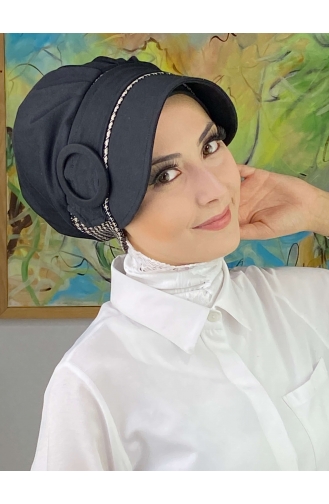 Nazlı Model Buckle Gray Thin Striped Hijab Hat SBT26SPK12-02 Black 26SPK12-02