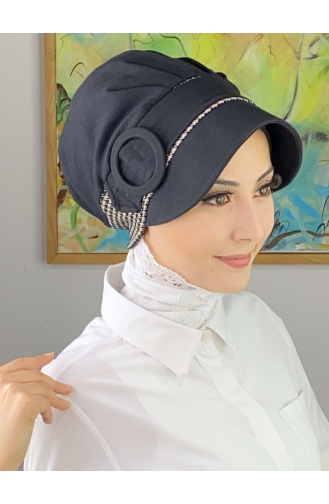 Nazlı Model Gesp Grijs Dun Gestreepte Hijab Hoed SBT26SPK12-02 Zwart 26SPK12-02