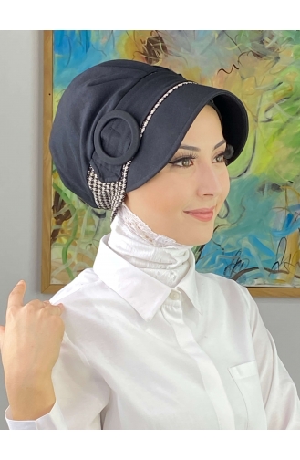 Nazlı Model Gesp Grijs Dun Gestreepte Hijab Hoed SBT26SPK12-02 Zwart 26SPK12-02