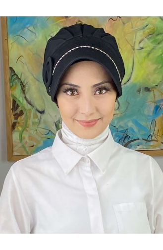 Nazlı Model Buckle Gray Thin Striped Hijab Hat SBT26SPK12-02 Black 26SPK12-02