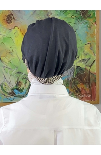 Nazlı Model قبعة حجاب مخططة رفيعة بإبزيم رمادي SBT26SPK12-02 باللون الأسود 26SPK12-02