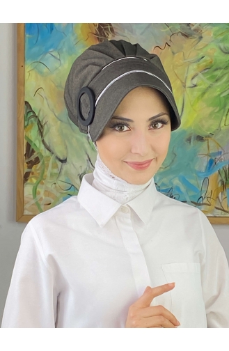 Nazlı Model Buckled Grey Thin Stripe Hijab Hat SBT26SPK12-03 Grau 26SPK12-03