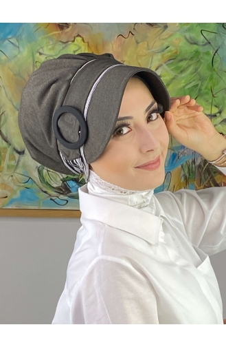 Nazlı Model Buckled Gray Thin Striped Hijab Hat SBT26SPK12-03 Gray 26SPK12-03