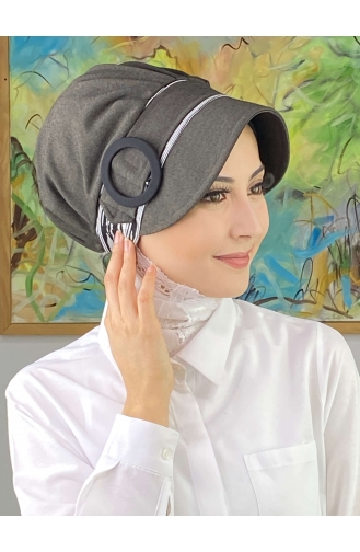 Nazlı Model Buckled Grey Thin Stripe Hijab Hat SBT26SPK12-03 Grau 26SPK12-03