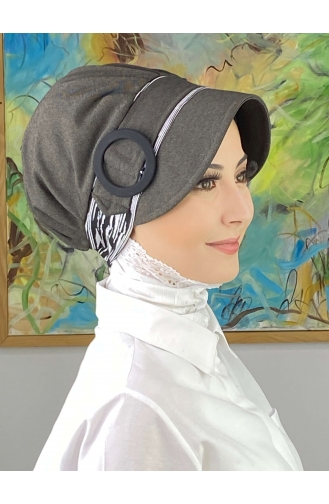 Nazlı Model Gesp Grijze Dunne Gestreepte Hijab Hoed SBT26SPK12-03 Grijs 26SPK12-03