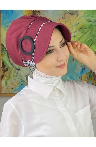 Nazlı Model Buckled Gray Thin Striped Hijab Hat SBT26SPK12-04 Claret Red 26SPK12-04