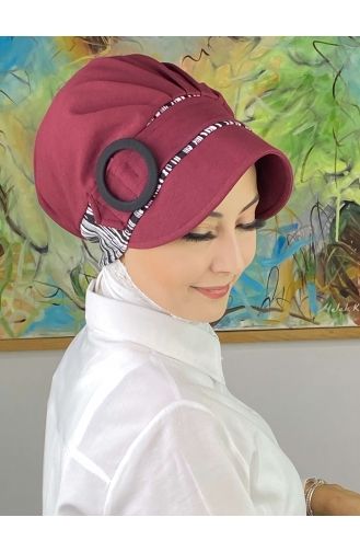 Nazlı Model قبعة حجاب مخططة رفيعة بإبزيم رمادي SBT26SPK12-04 أحمر خمري 26SPK12-04