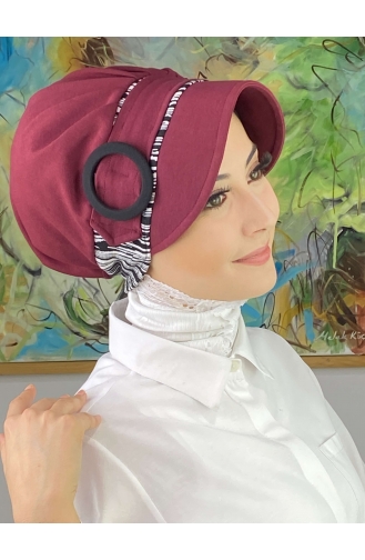 Nazlı Model قبعة حجاب مخططة رفيعة بإبزيم رمادي SBT26SPK12-04 أحمر خمري 26SPK12-04