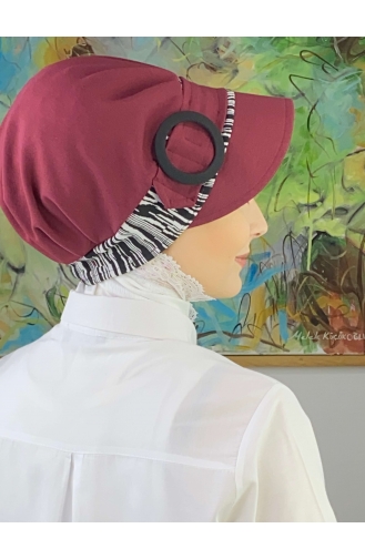 Nazlı Model Buckled Gray Thin Striped Hijab Hat SBT26SPK12-04 Claret Red 26SPK12-04