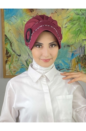 Nazlı Model Gesp Grijze Dunne Gestreepte Hijab Hoed SBT26SPK12-04 Claret Red 26SPK12-04