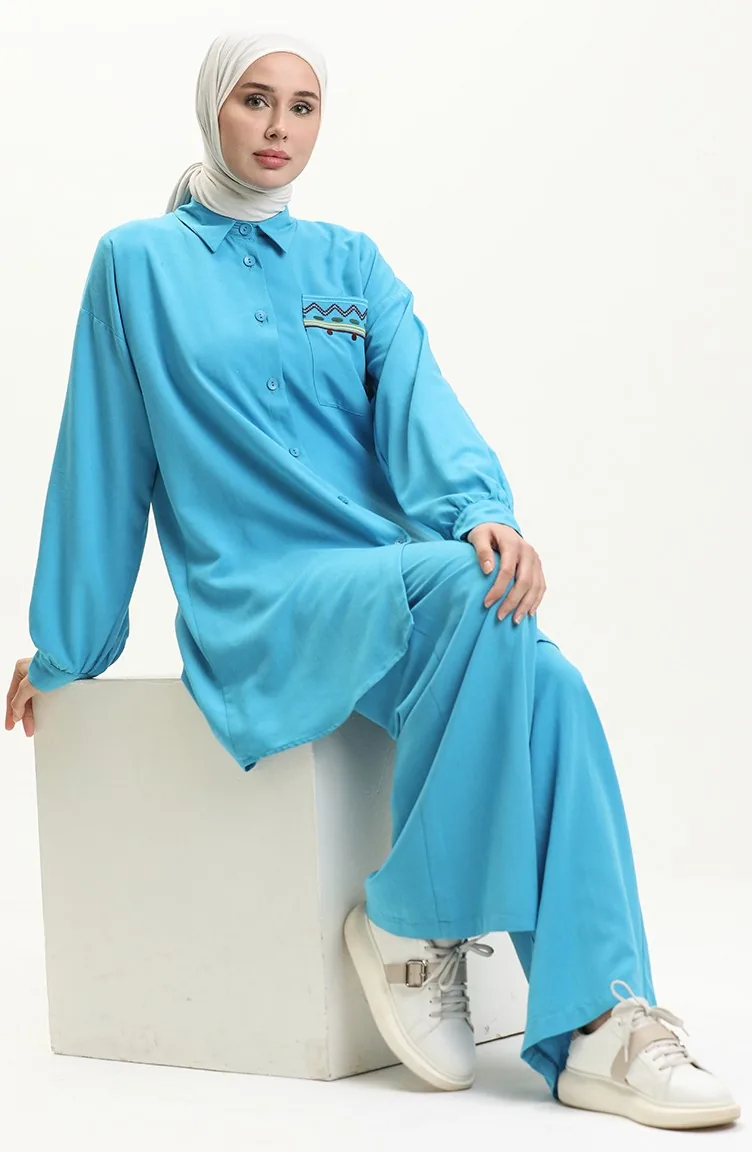 Embroidered Linen Two Piece Suit 24Y8972A-08 Turquoise 24Y8972A-08