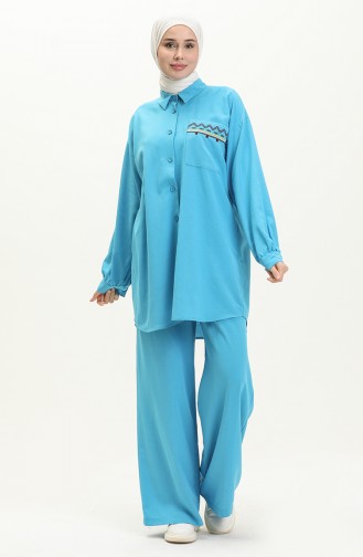 Embroidered Linen Two Piece Suit 24Y8972A-08 Turquoise 24Y8972A-08
