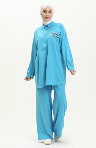 Ensemble Tunique Pantalon en Lin 24Y8972A-08 Turquoise 24Y8972A-08